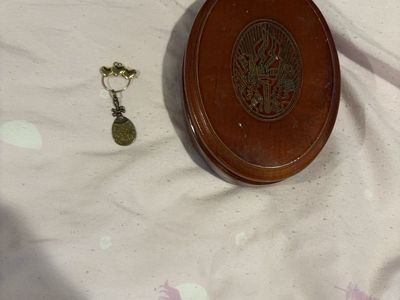 Vintage Wooden Box with Torch Carving and Heart Pendant Charm