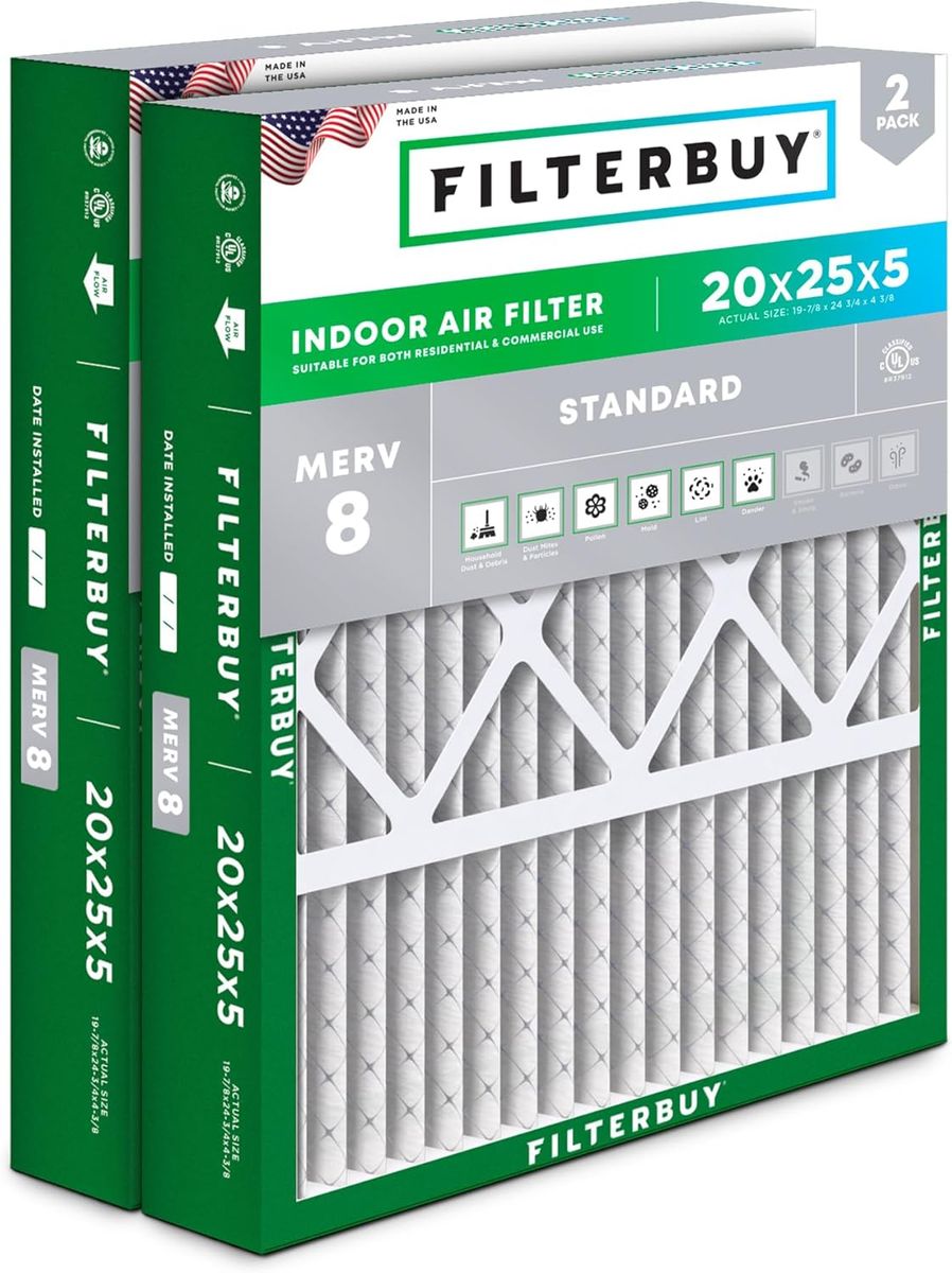 Filterbuy 20x25x5 Air Filter MERV 8 Essential Dust & Allergy Defense (2-Pack)