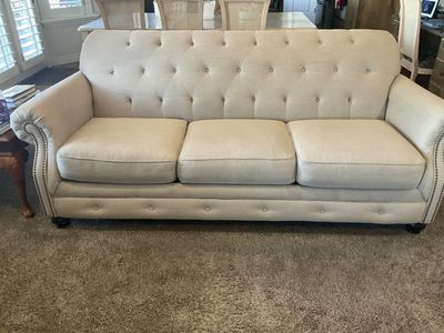 Beige linen three seat, sofa. 84” x 34” x 38