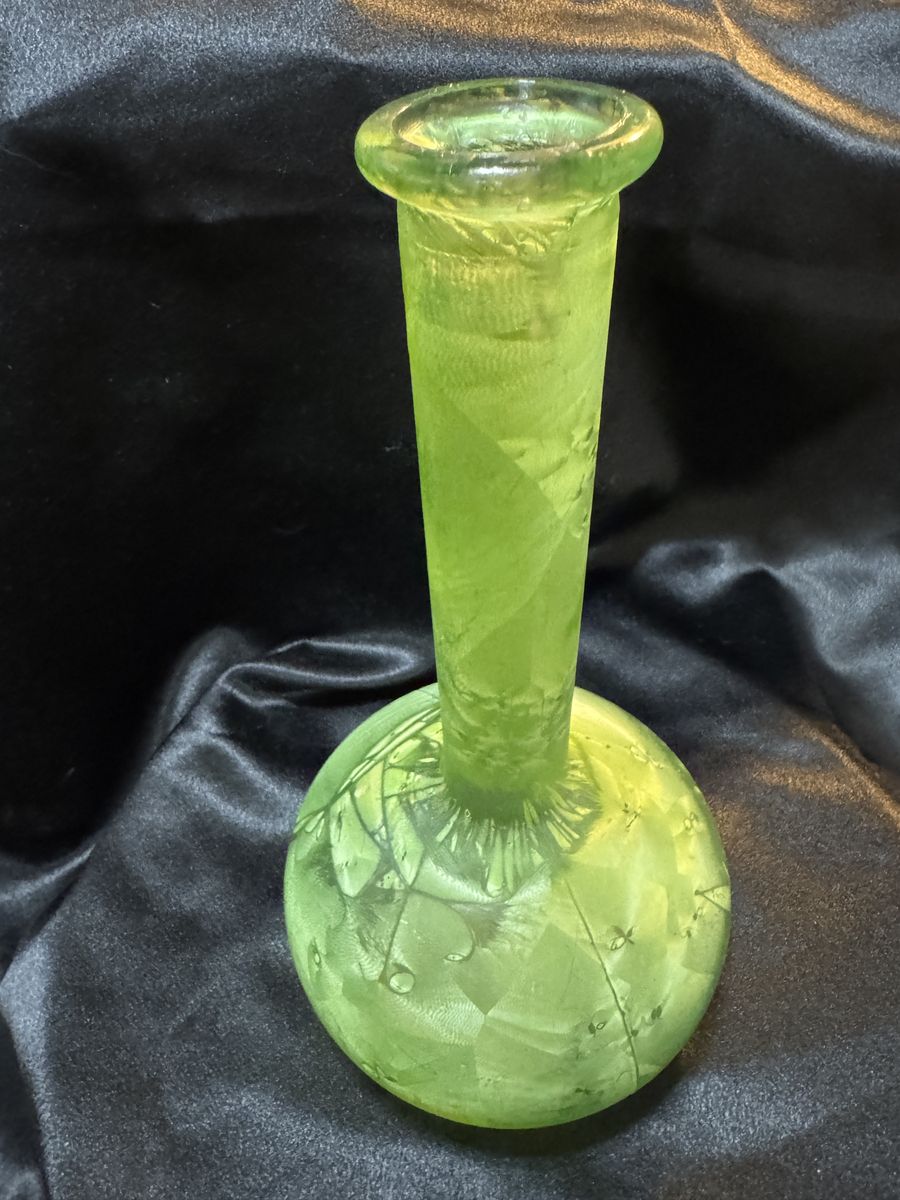 Antique Acid Etched Iridescent Frosted Green Art Glass Vase possibly made with Uraninum