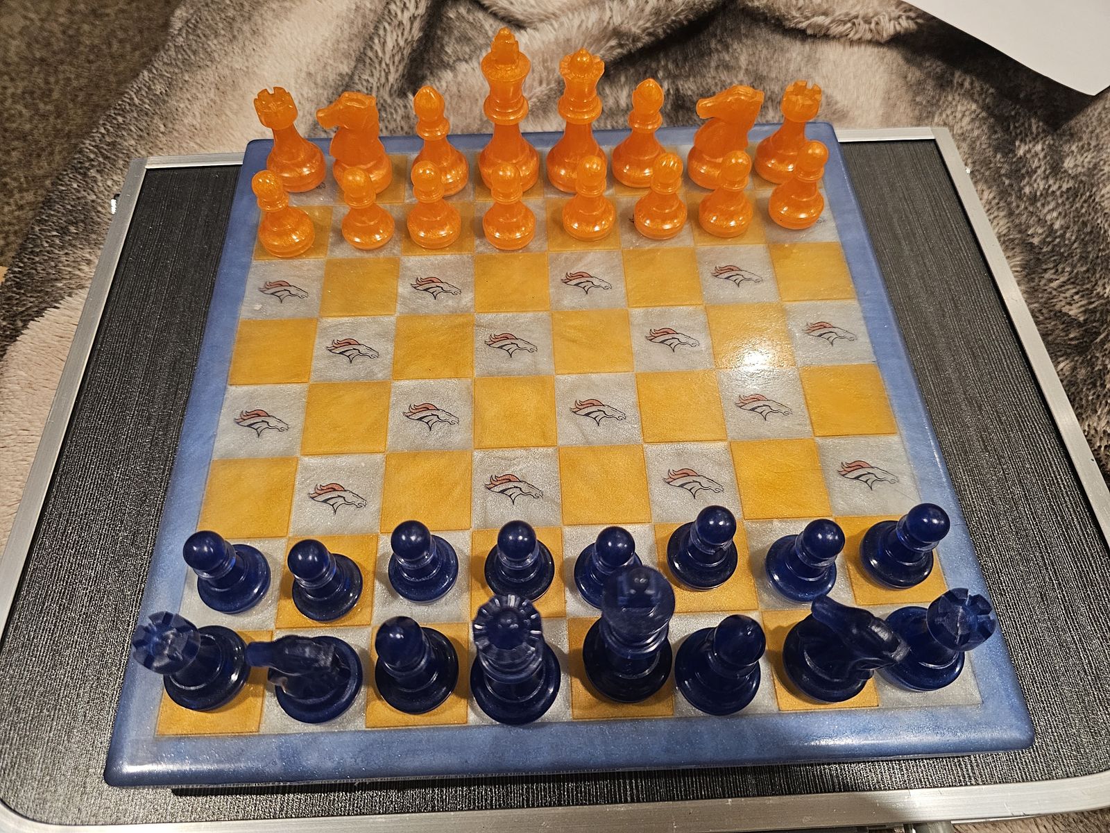 Denver Broncos Themed Custom Resin Chess Set with Orange and Blue Pieces