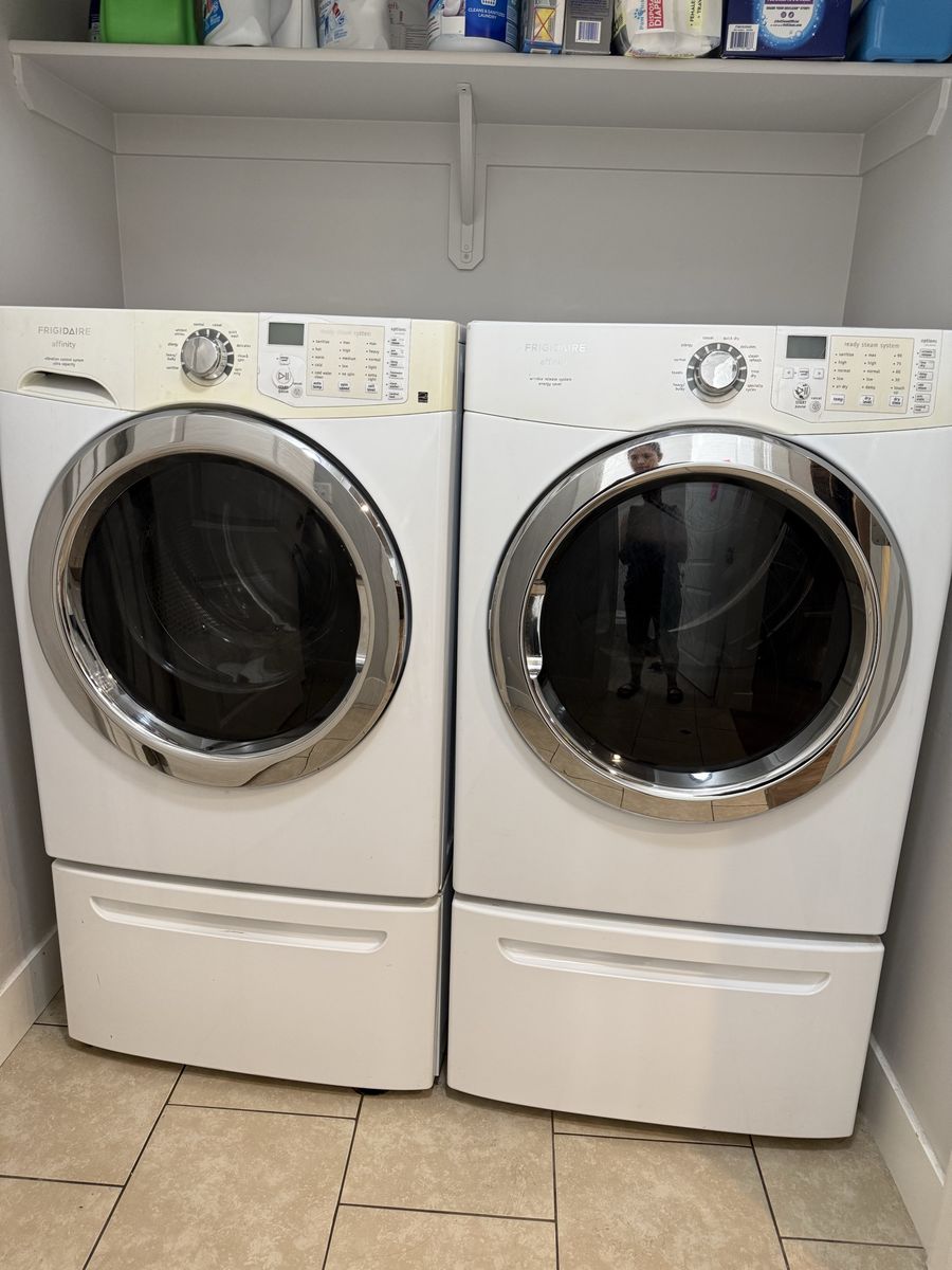 Frigidaire Affinity front-load washer and dryer with matching pedestal drawers