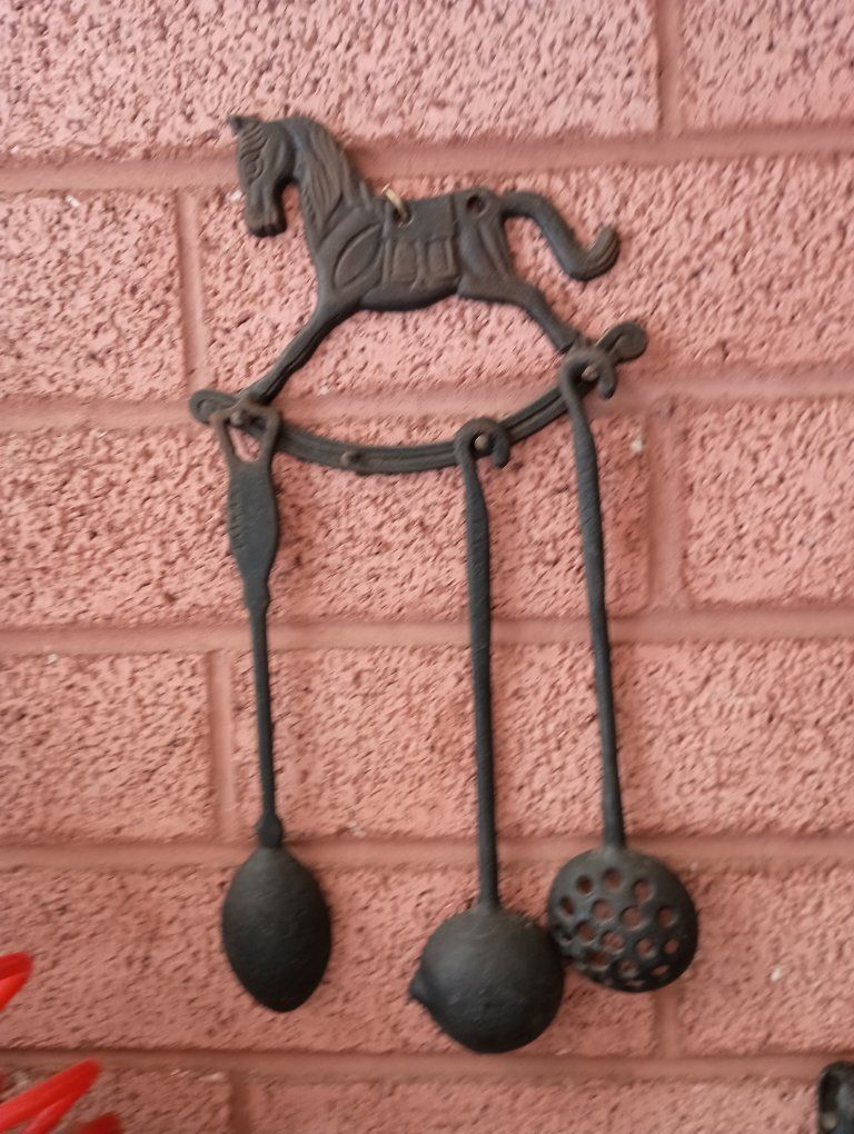 Vintage Cast Iron Rocking Horse Wall Hanging Kitchen Utensil Set