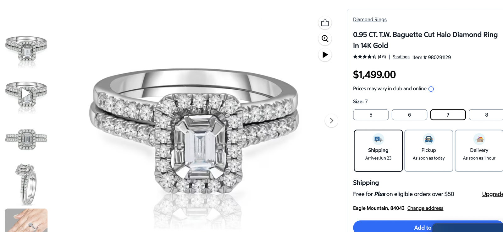 0.95 CT. T.W. Baguette Cut Halo Diamond Ring in 14K Gold Wedding Ring