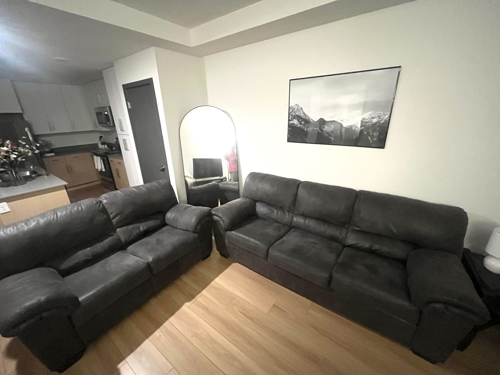 Dark Grey Leather/Vinyl Couches - Living Room Set