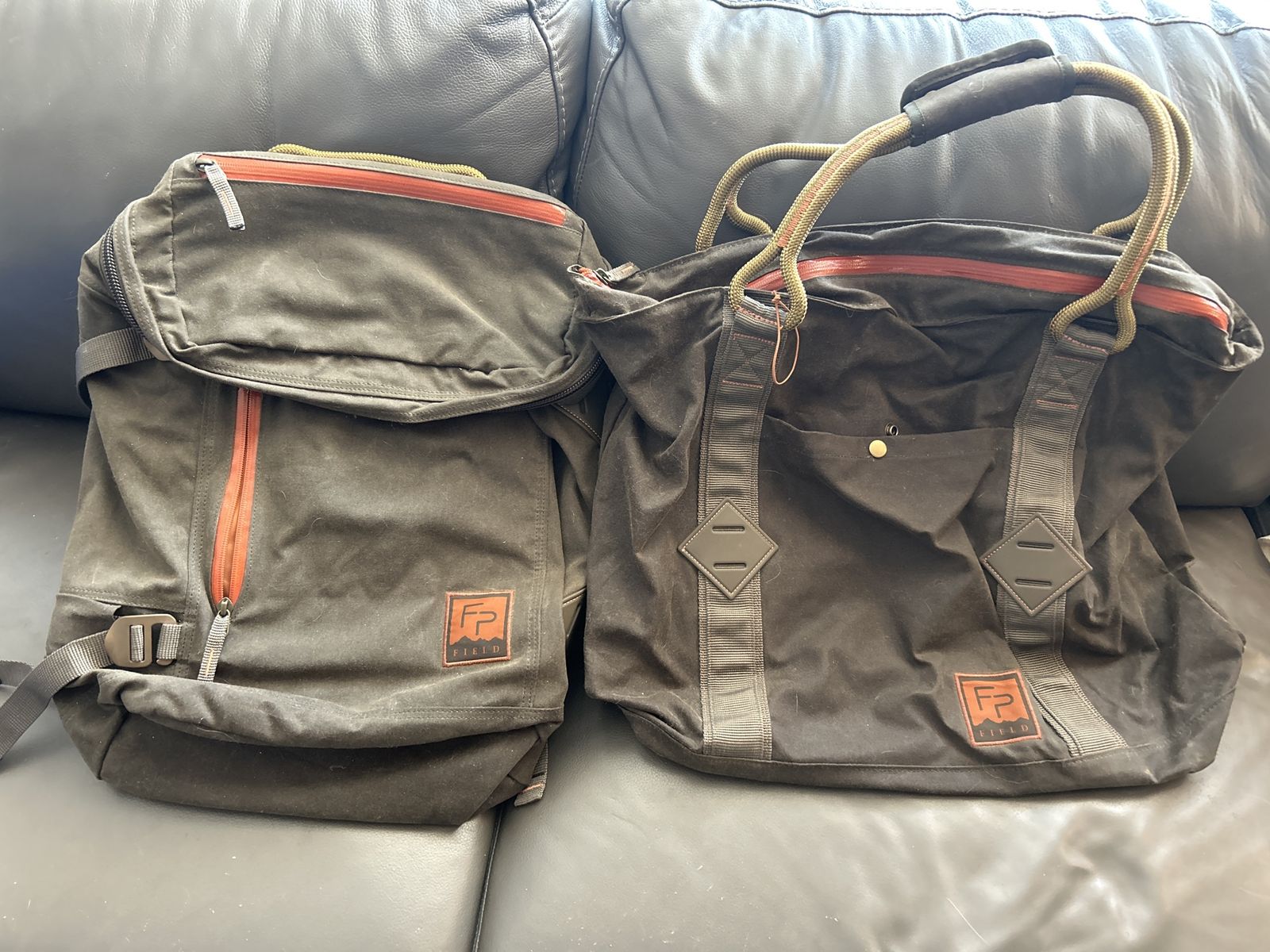 Fishpond field gear oiled canvas Riverbank pack and Horse Thief Tote .
