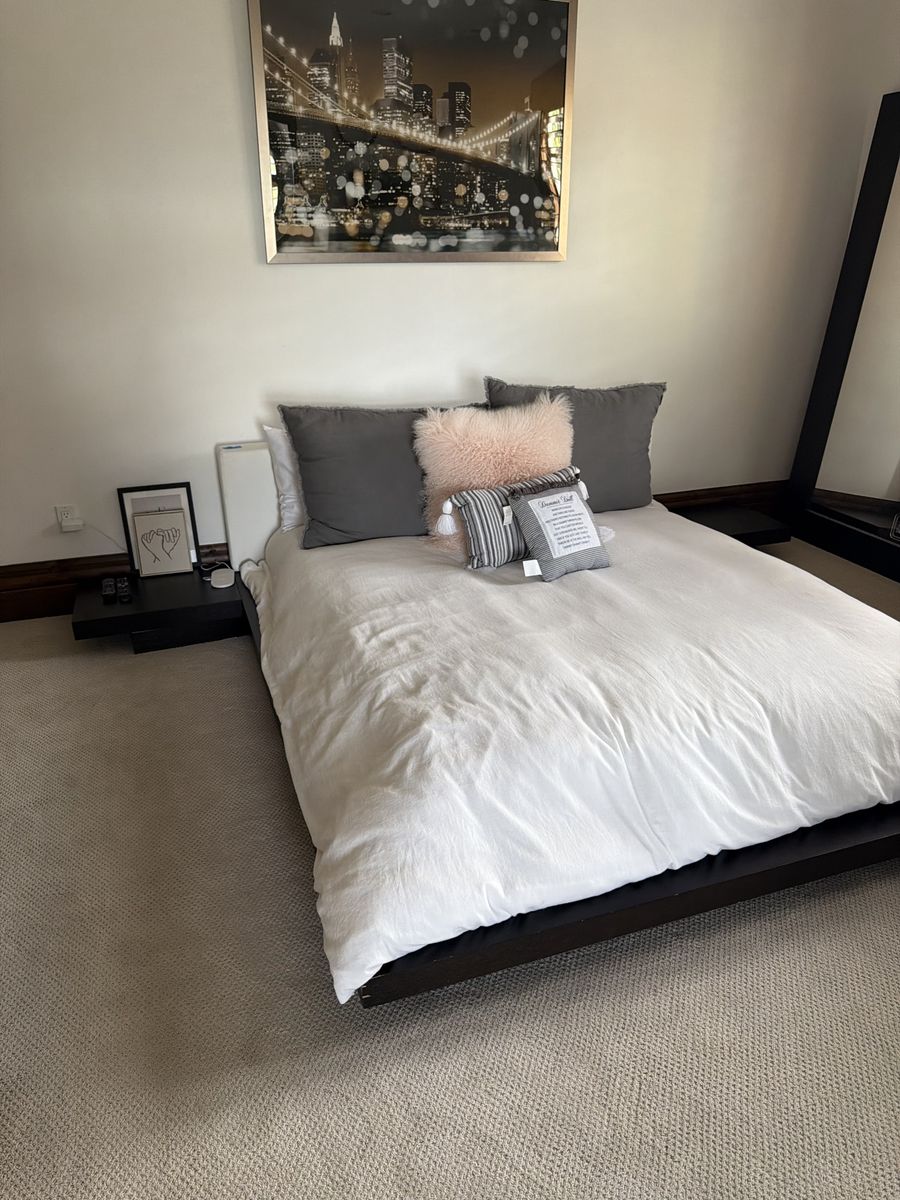 Queen Modern Platform Bed Frame with Built-in Floating Nightstands