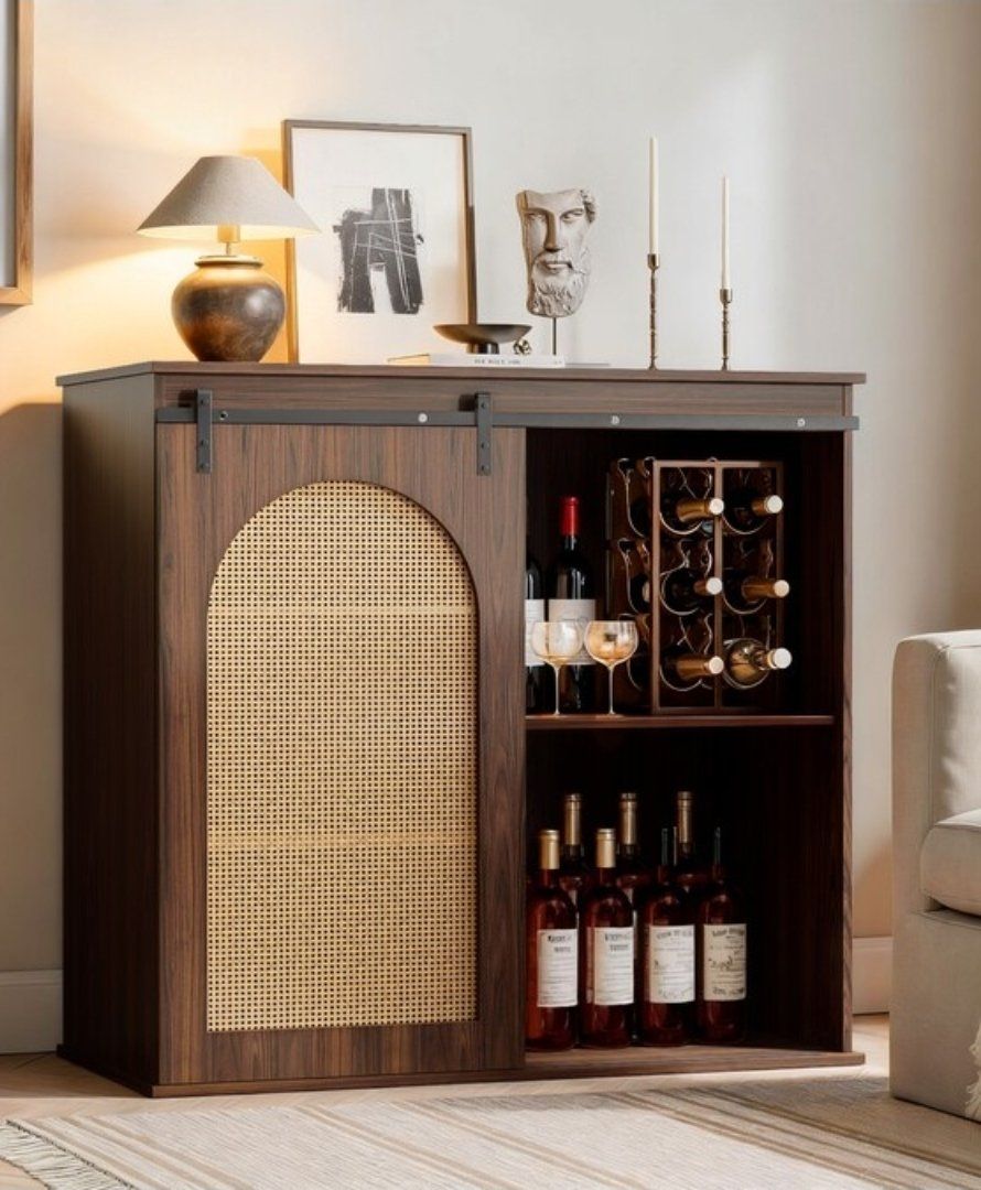 New Rustic Farmhouse Wood Bar Cabinet w/ Sliding Mesh Cane Door, 43" TV Stand Storage Console