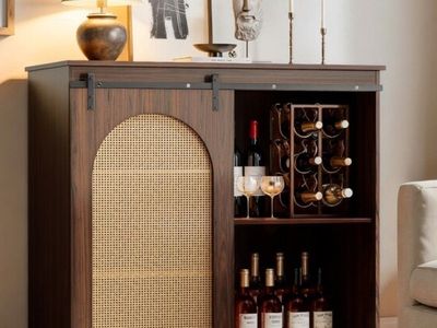New Rustic Farmhouse Wood Bar Cabinet w/ Sliding Mesh Cane Door, 43" TV Stand Storage Console