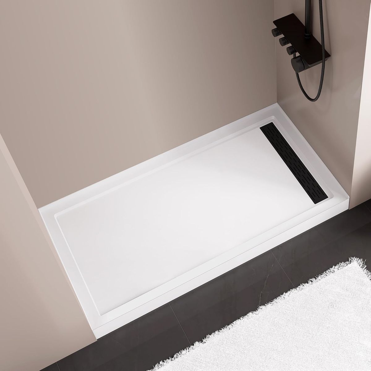 MORVANO 32 x 60 Shower Base with Right Drain and Removable Stainless Matte Black Cover