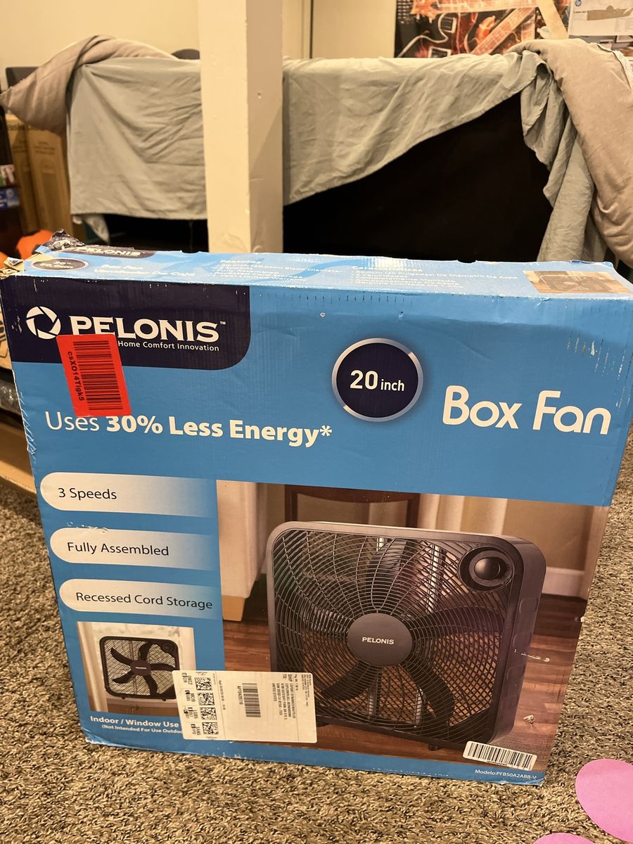 Pelonis 20-inch Box Fan, 3-Speed, Energy Efficient, Recessed Cord Storage, New