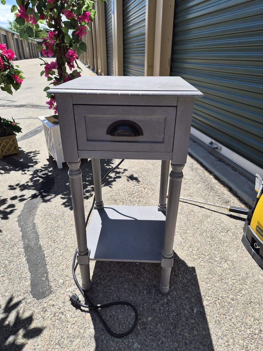 Gray Wood End Table with Built-in Power Outlets & USB Ports - Side Table with Storage Shelf