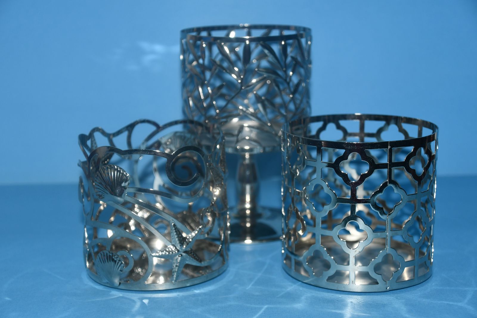 3 SILVER CANDLE HOLDERS ~ DIAMETER 4" ~ HEIGHT 4" & 6.5" ~ SEASHELLS, VINES & LATTICE ~ ALL 3 for $5