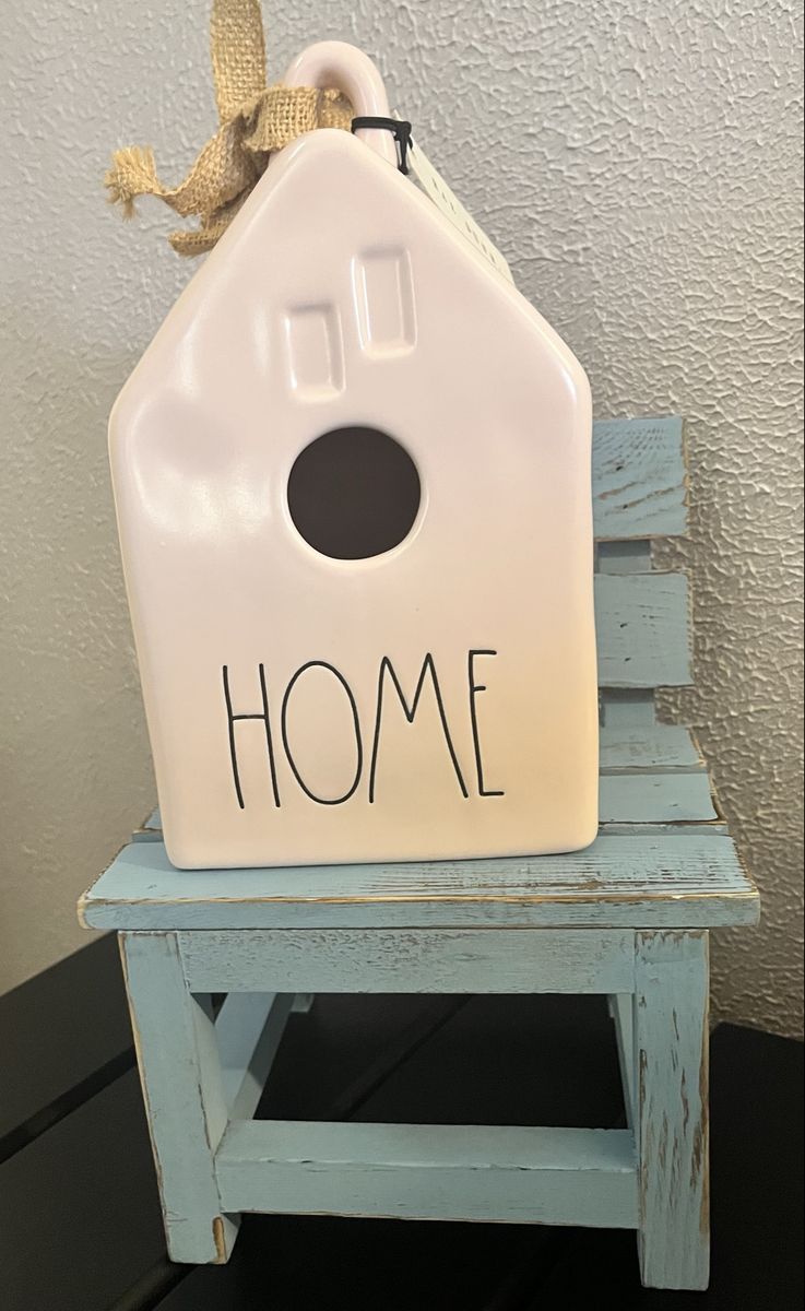 Rae Dunn Cream Ceramic "HOME" Birdhouse Decor with Burlap Bow