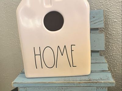 Rae Dunn Cream Ceramic "HOME" Birdhouse Decor with Burlap Bow
