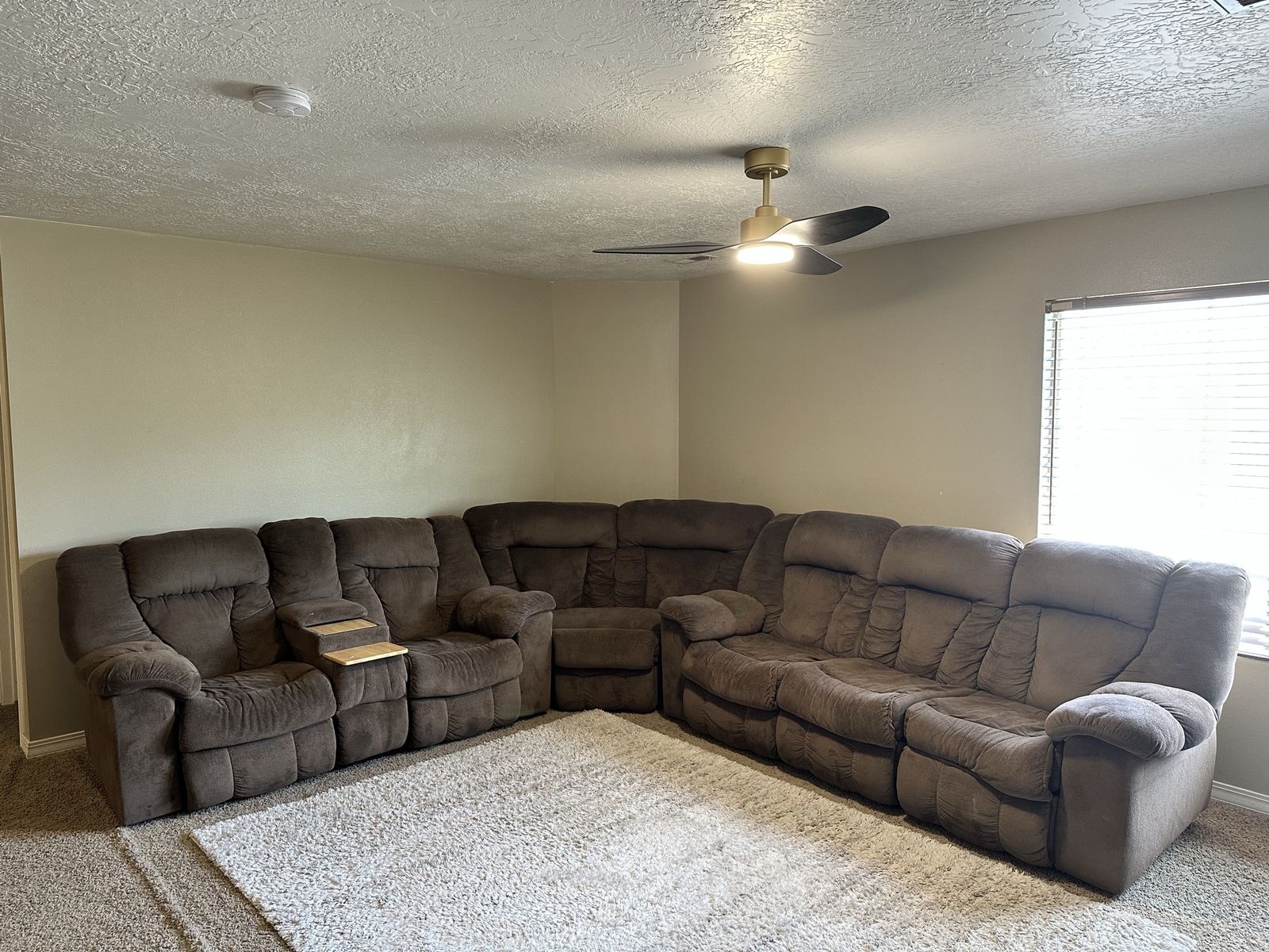 Large Brown Microfiber Reclining Sectional Sofa with Storage Console - Minor Wear