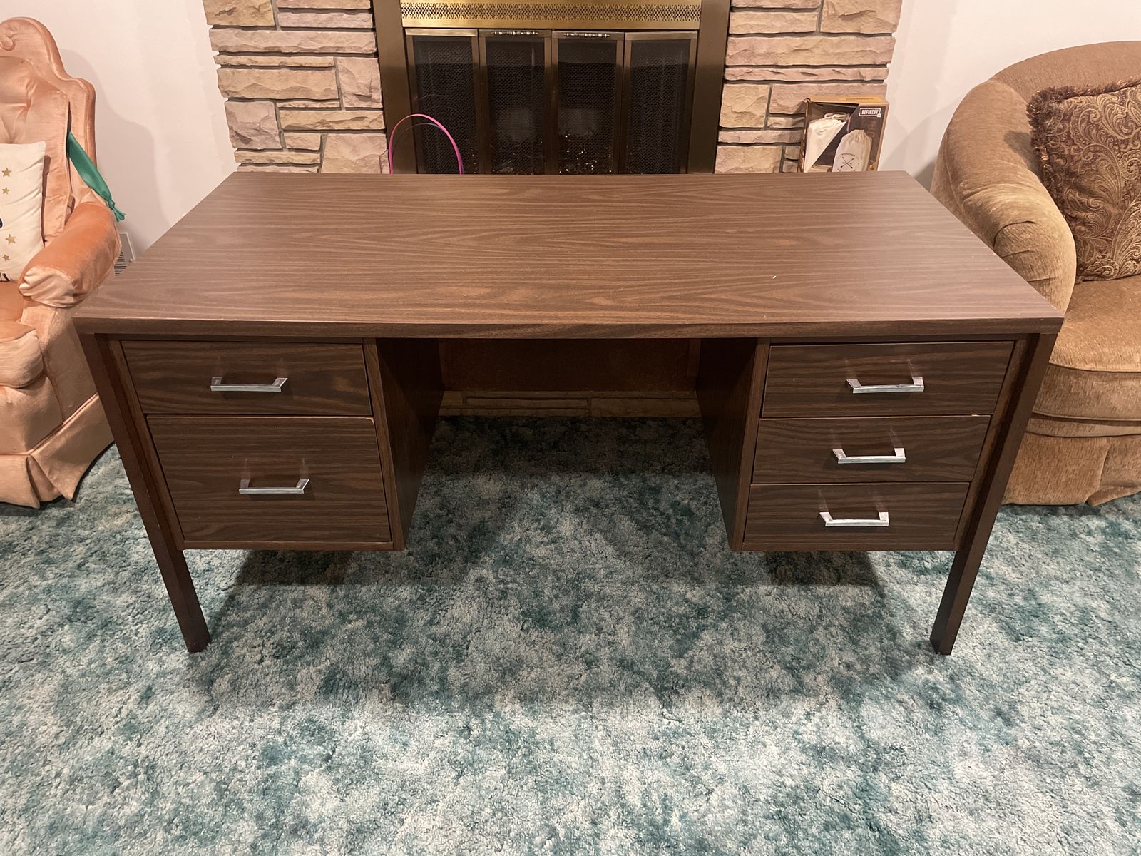 Vintage Mid-Century Dark Wood Desk with 6 Drawers and Chrome Pulls