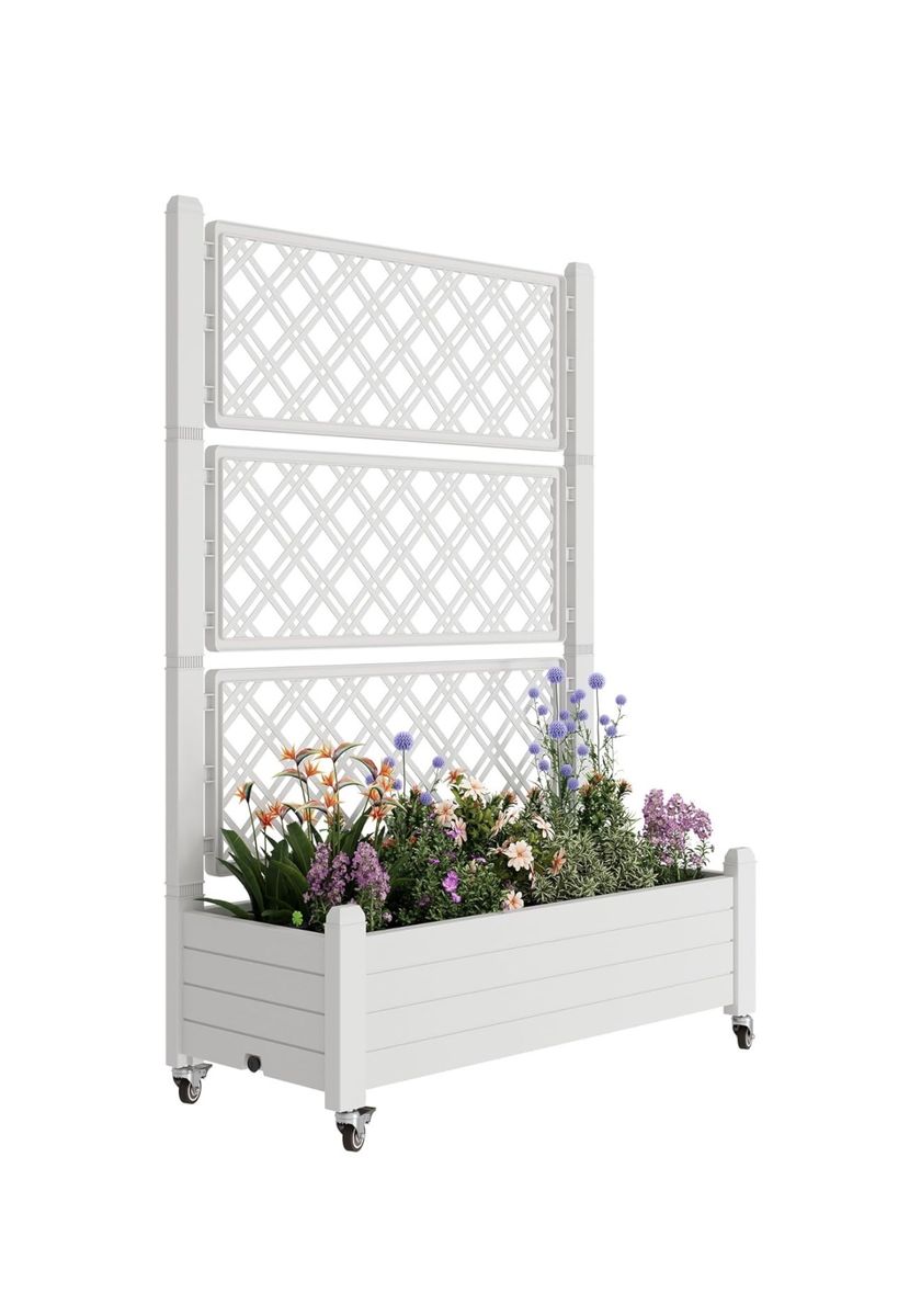 Outdoor Planter Box with Trellis and Wheels - Elevated Garden Bed for Climbing Plants