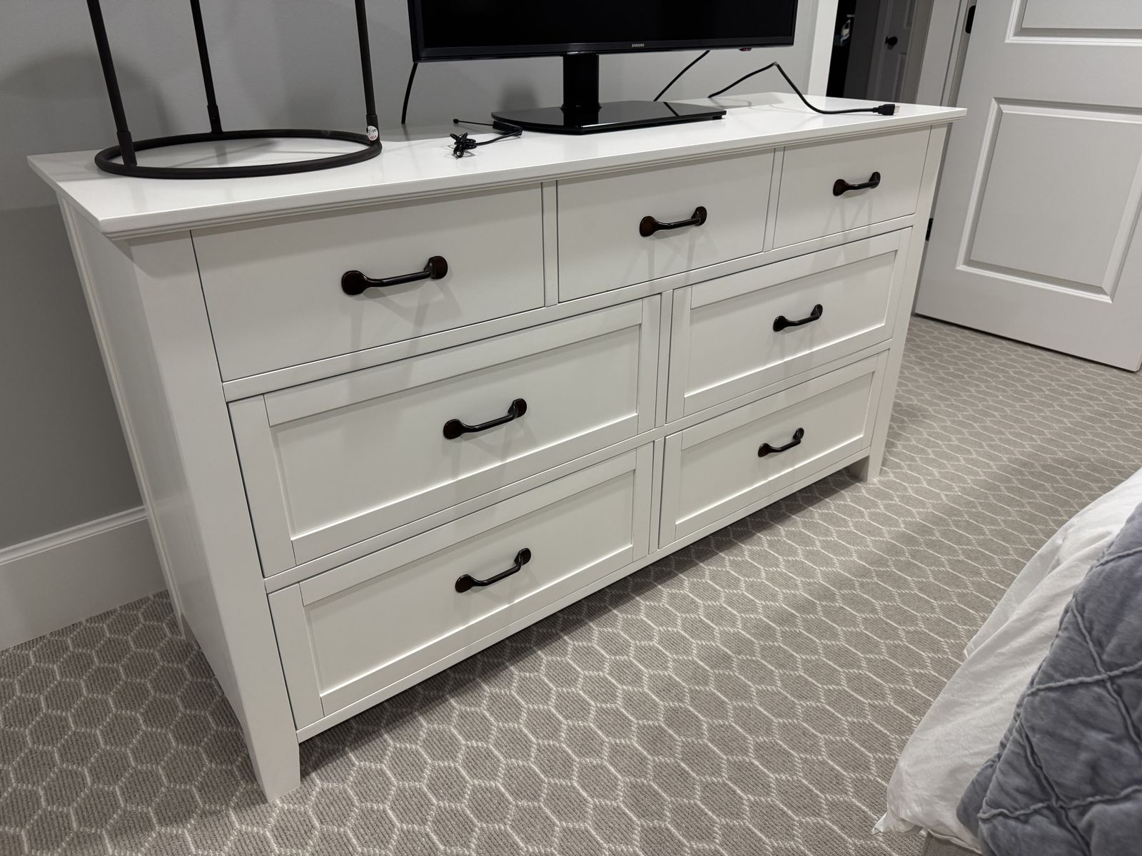 Pottery Barn Stratton White 7-Drawer Wide Dresser - 66" W x 36" H, Bronze Pulls