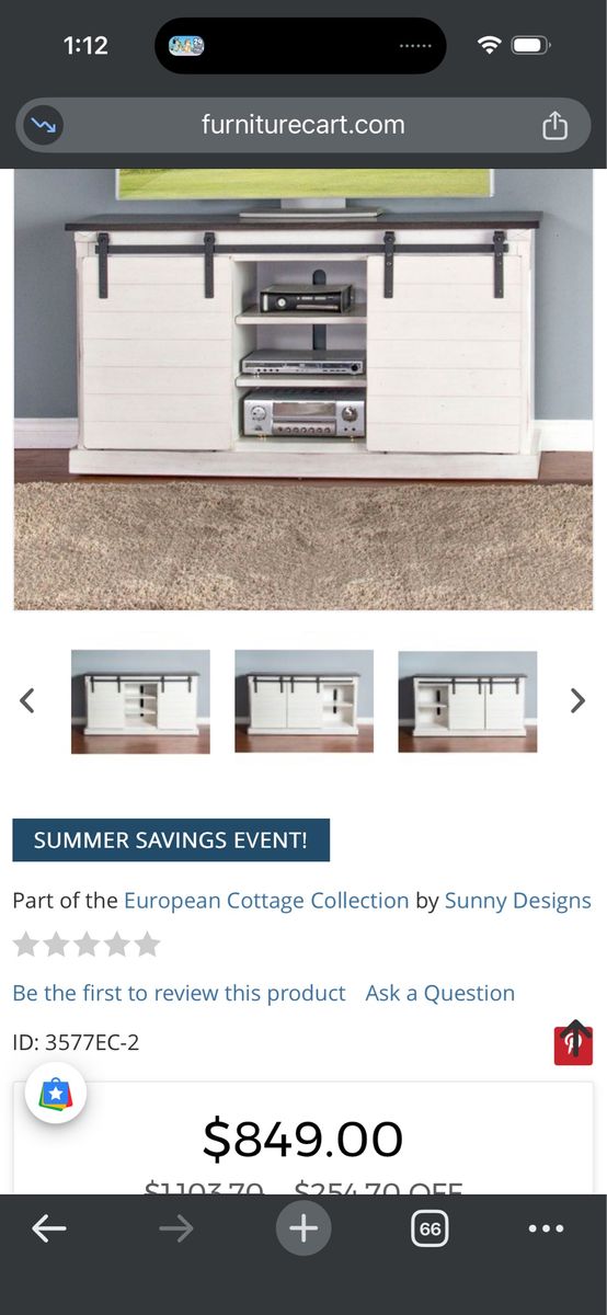 Sunny Designs European Cottage TV Stand Entertainment Center - White/Dark Wood, Sliding Barn Doors