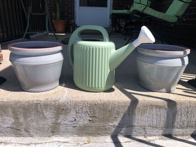 Two 10 inch plant pots & plastic watering can