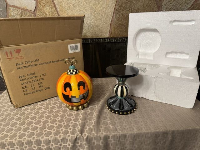 Mackenzie-Childs Illuminated Happy Pumpkin Medium Decorative Halloween Figurine with Stand and Original Box