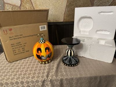 Mackenzie-Childs Illuminated Happy Pumpkin Medium Decorative Halloween Figurine with Stand and Original Box