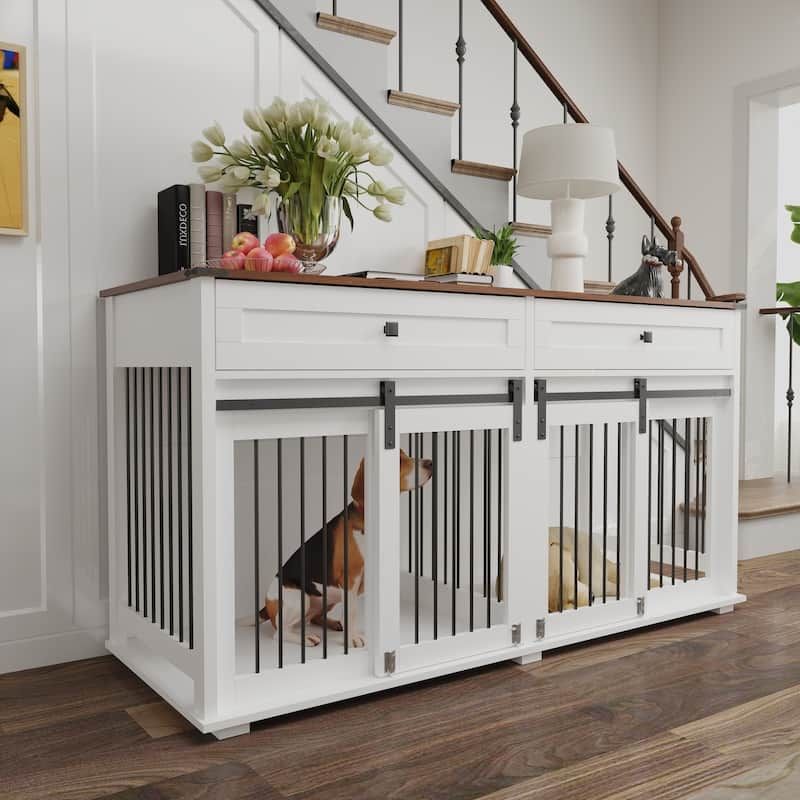 Large Double Dog Crate Furniture – Brown & White