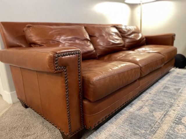 Lexington Leather Sofa – Beautiful Cognac Brown – Nailhead Trim – Ready for you!