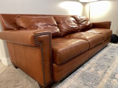 Lexington Leather Sofa – Beautiful Cognac Brown – Nailhead Trim – Ready for you!