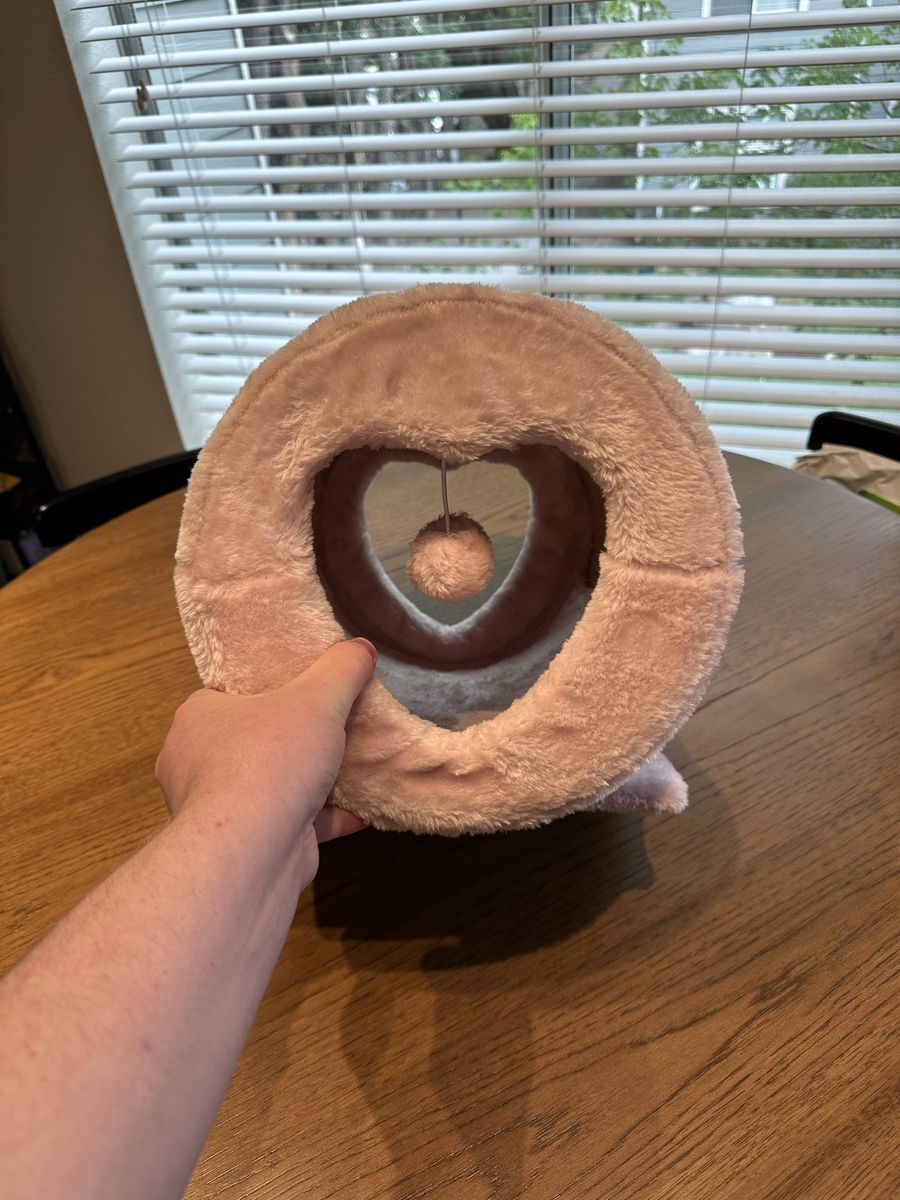 Pink Plush Cat Tunnel Scratcher with Hanging Pom Pom Toy