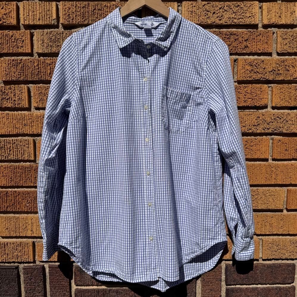 OLD NAVY The Classic Button-up Shirt - Womens L - Cotton - Blue Check Plaid