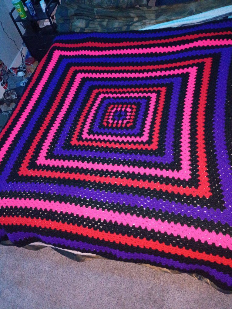 Handmade Crocheted Granny Square Blanket Throw - Multi-Color Pink, Purple, Red & Black