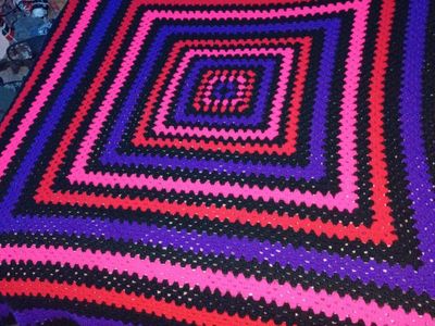 Handmade Crocheted Granny Square Blanket Throw - Multi-Color Pink, Purple, Red & Black