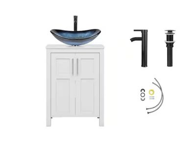 Puluomis 24 in. W x 18.1 in. D x 31.7 in. H Single Sink White Bath Vanity with White Solid Surface Top Blue Sink
