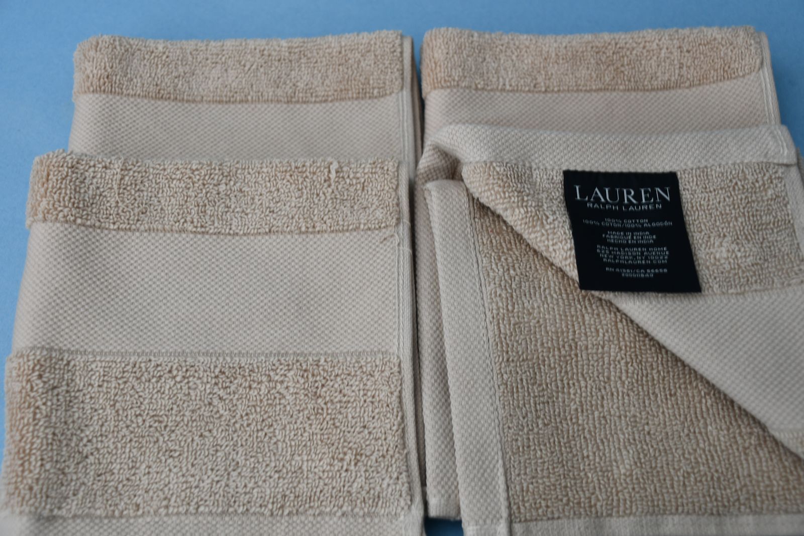 4 NEW "RALPH LAUREN" WASHCLOTHS ~ LIGHT TAN ~ 13" x 13" ~ 100% COTTON ~ QUALITY ~ VERY NICE!