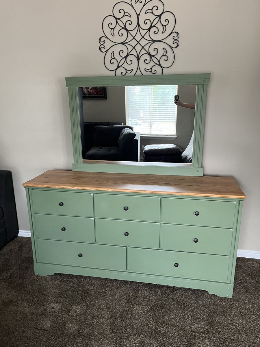 Sage Green Painted Wooden Dresser with Mirror and Natural Wood Top