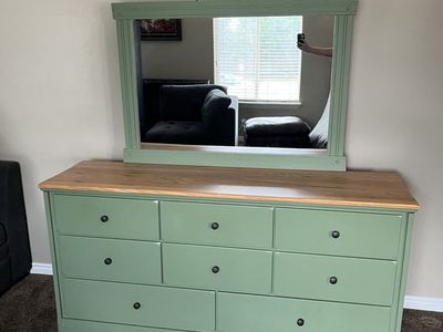 Sage Green Painted Wooden Dresser with Mirror and Natural Wood Top