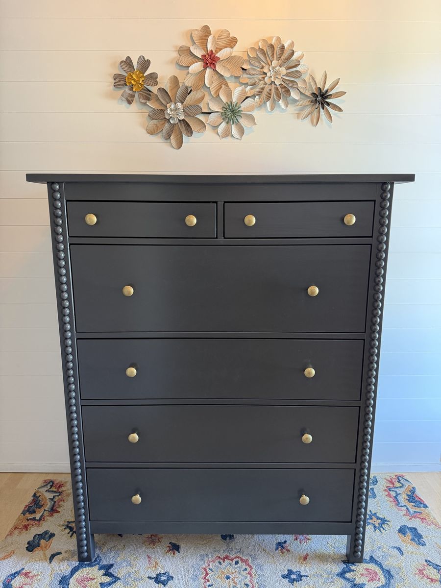 Custom refinished dresser, solid wood, charcoal, and gold