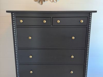 Custom refinished dresser, solid wood, charcoal, and gold