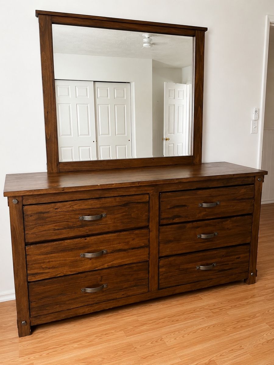 Rustic Dark Wood Bedroom Set with Bookshelf Headboard, Dresser, Mirror, and Nightstand