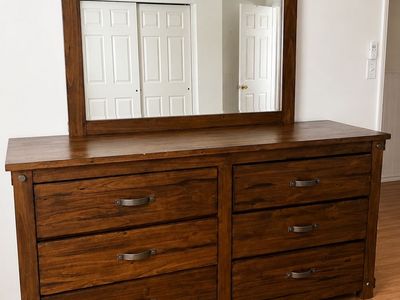 Rustic Dark Wood Bedroom Set with Bookshelf Headboard, Dresser, Mirror, and Nightstand