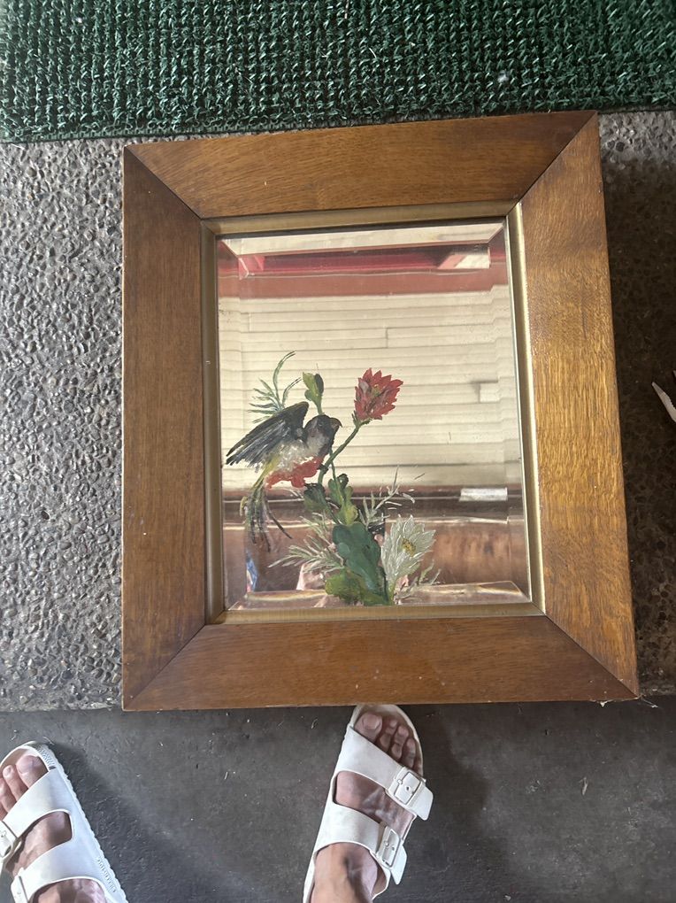 Antique hand painted mirror brid and flowers