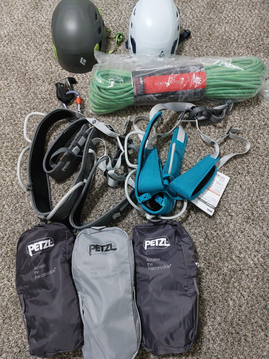 Rock Climbing Gear Bundle - Harnesses, Helmets, Rope, and Petzl Bags