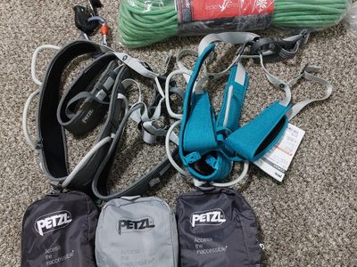 Rock Climbing Gear Bundle - Harnesses, Helmets, Rope, and Petzl Bags