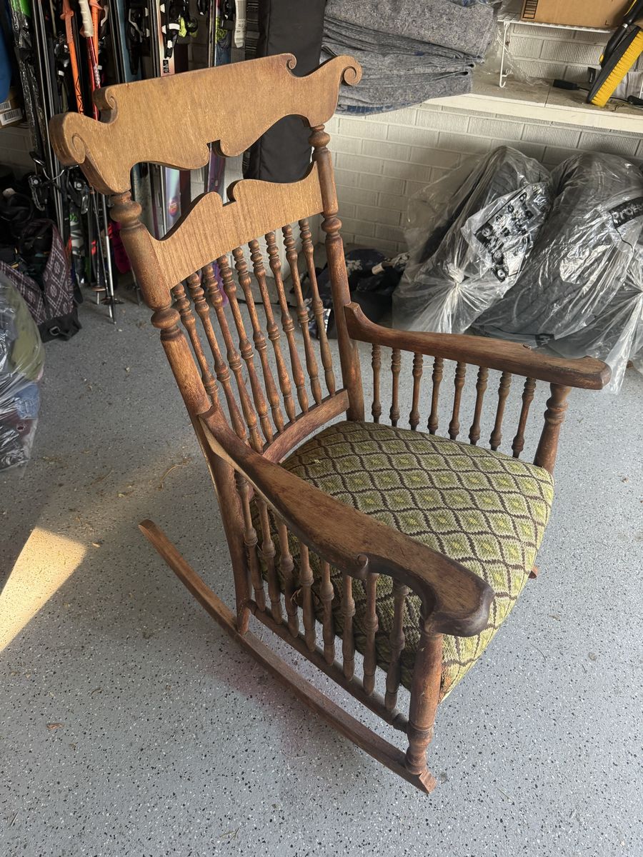 Vintage Wooden Rocking Chair with Green Patterned Upholstered Seat