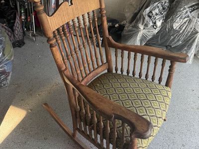 Vintage Wooden Rocking Chair with Green Patterned Upholstered Seat