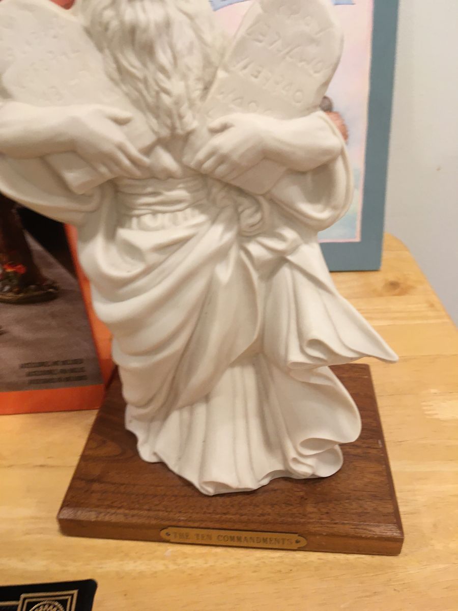 The Ten Commandments Ceramic Figure Statue on Wooden Base