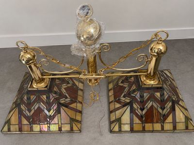 Vintage Tiffany Style Stained Glass 2-Light Chandelier