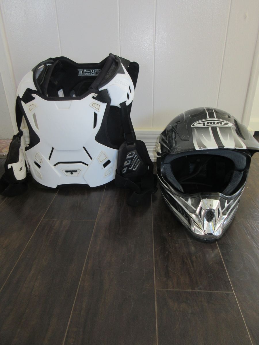 GMAX MX ATV Dirt Bike Helmet & Chest Protector - Black/White, Youth Off-Road Gear